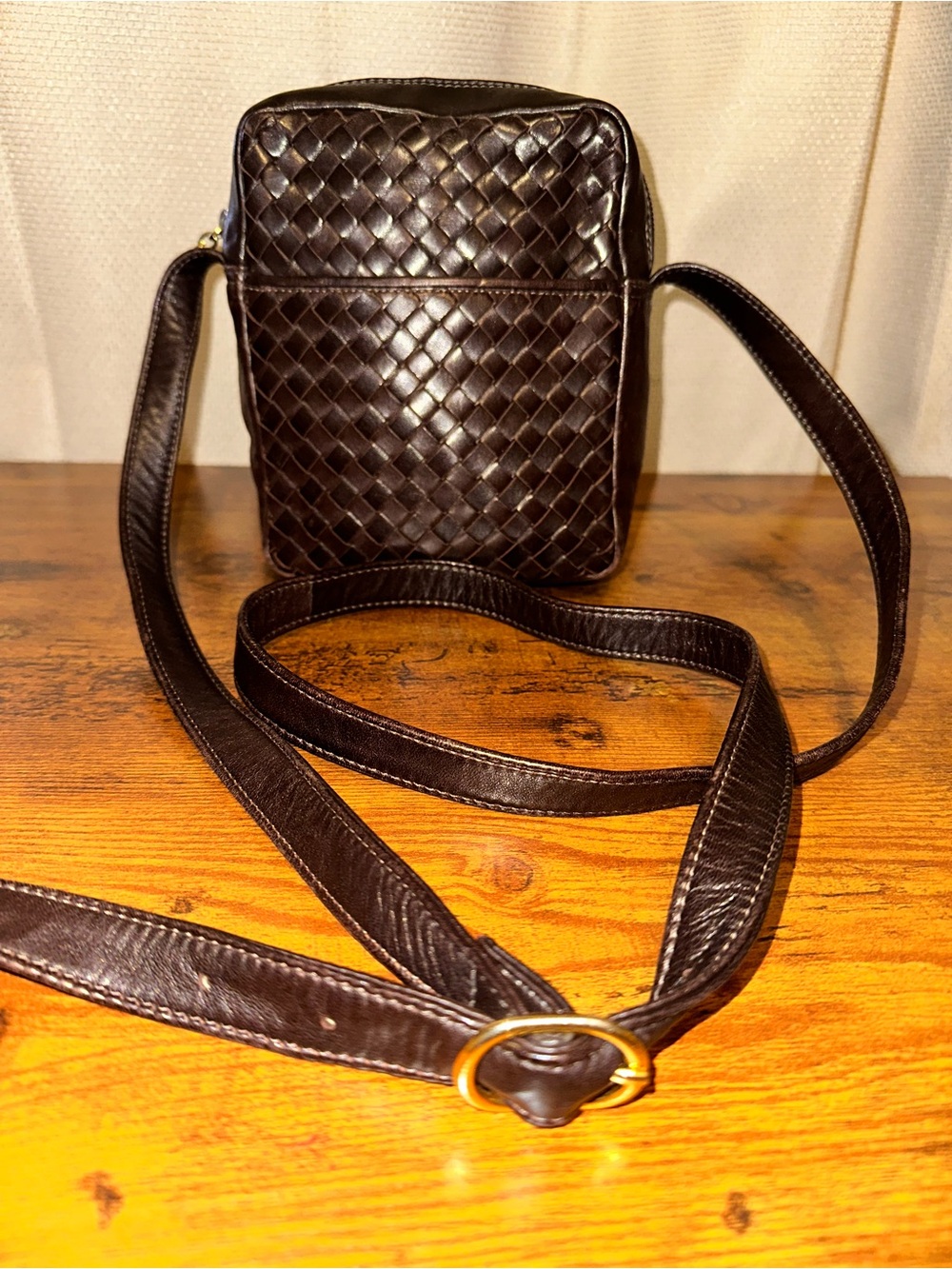 Vintage Cole Haan Woven Leather Crossbody Bag - Made in Canada - Dark Brown